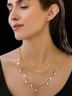 Triple Layer Golden Chain & Charms Necklace (Anti-Tarnish | Crystal)