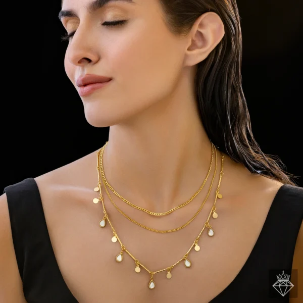 Triple Layer Golden Chain & Charms Necklace (Anti-Tarnish | Crystal)