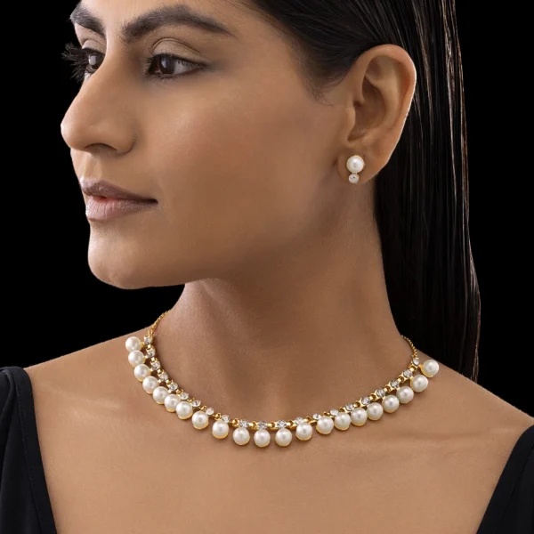Pearl & Crystal-Studded Statement Necklace with Earrings