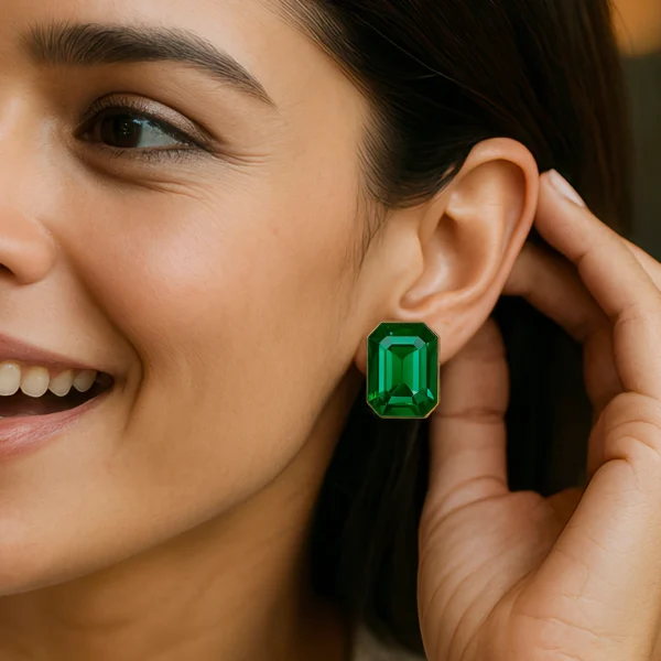 Rectangle Emerald Green Crystal Earrings – Anti-Tarnish